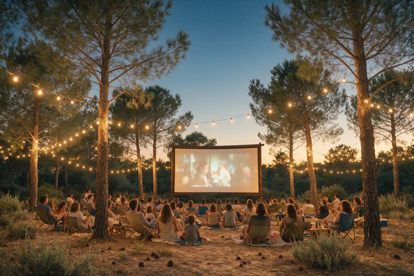 Cine de verano al aire libre entre pinos, con familias y niños viendo la proyección al anochecer