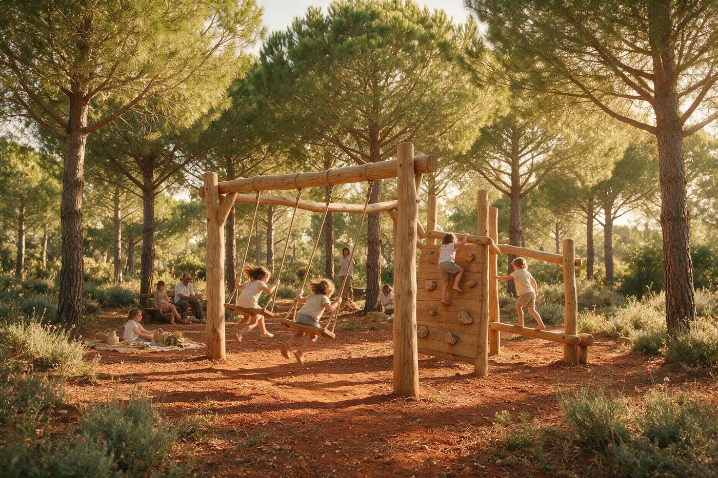 Niños jugando en columpios y estructura de madera en un parque infantil entre pinos