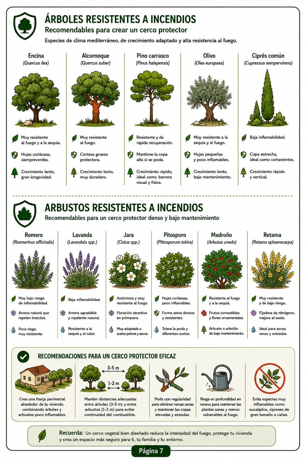 Infografía: árboles y arbustos resistentes a incendios recomendables para un cerco protector
