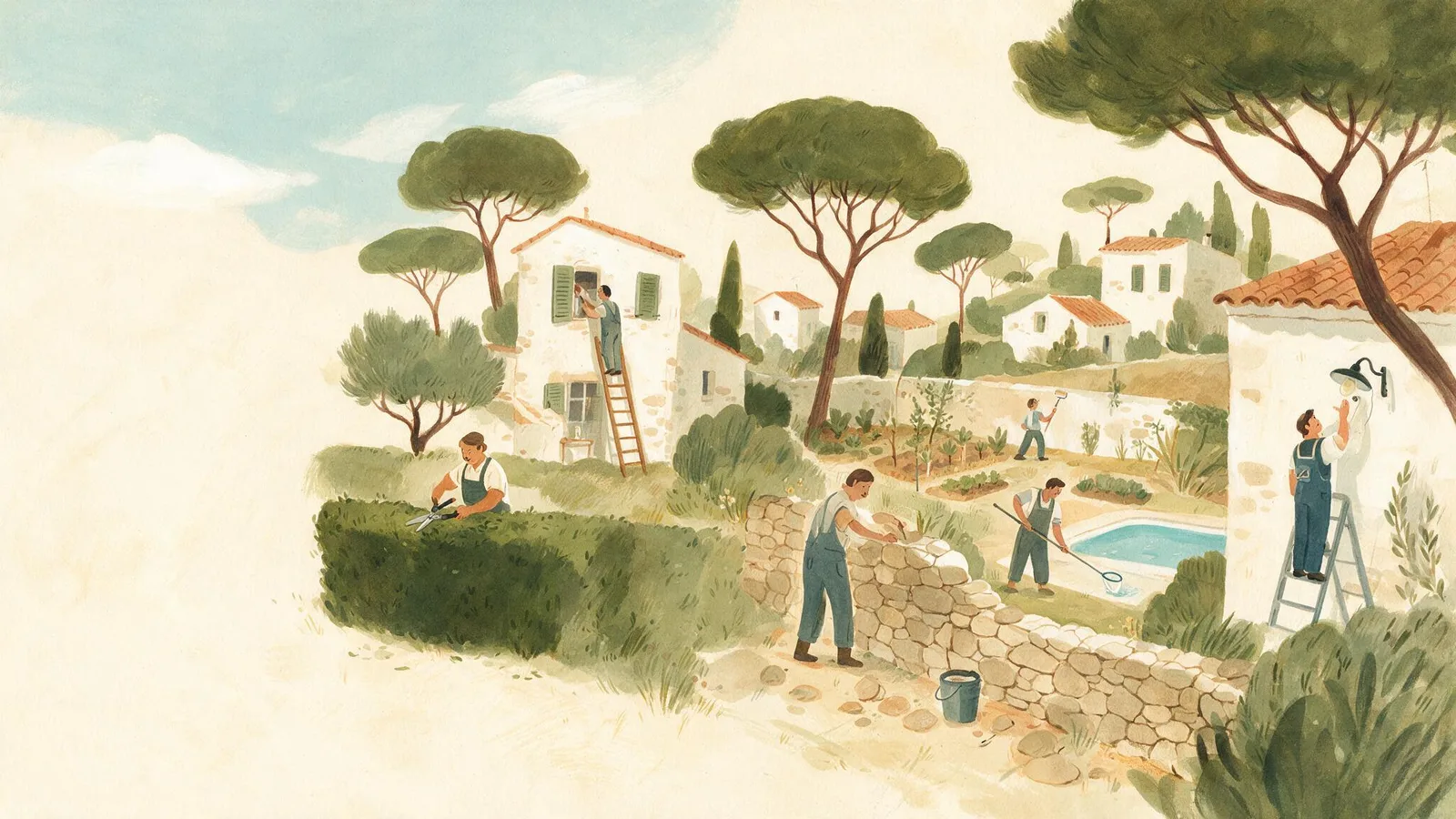 Ilustración de vecinos trabajando en jardinería, pintura, albañilería y electricidad en un paisaje mediterráneo de la urbanización